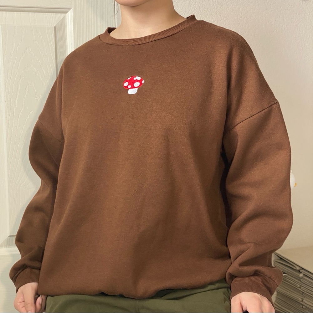 Brown Round Neck Sweater with Little Red Mushroom Embroidered